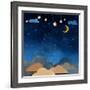 Night Sky,Cloud, Moon and Star - Paper Cut .Water Color on Grunge Paper Texture Background-pluie_r-Framed Art Print