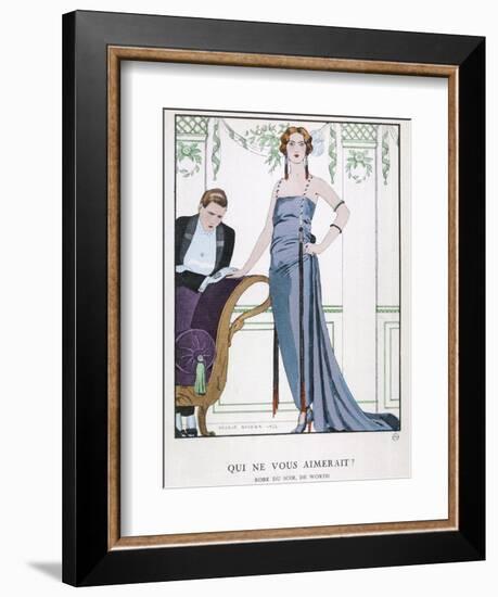 Tubular Grey Evening Gown by Worth with Any Fullness Drawn Over One Hip-Georges Barbier-Framed Photographic Print