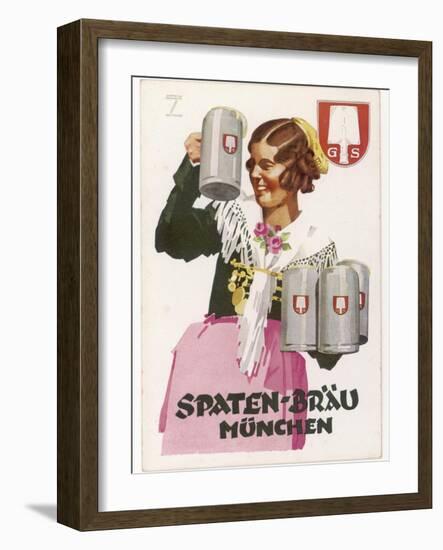 Waitress Brings Four Seidels of Frothy Spaten-Brau-Ludwig Hohlwein-Framed Photographic Print