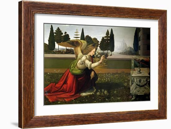 Angel Gabriel, from the Annunciation, 1472-75 (Detail)-Leonardo da Vinci-Framed Giclee Print