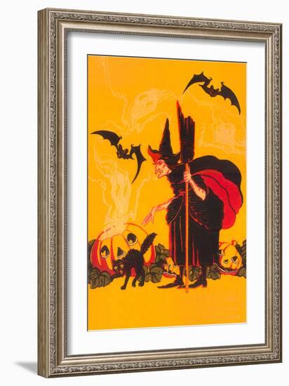 Witch with Goblin Emerging from Pumpkin-null-Framed Art Print