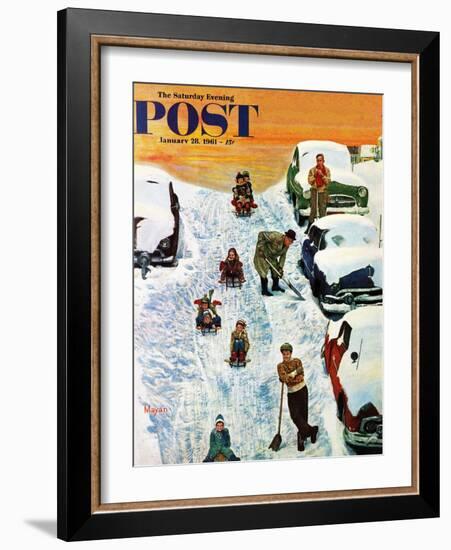 "Sledding and Digging Out," Saturday Evening Post Cover, January 28, 1961-Earl Mayan-Framed Giclee Print