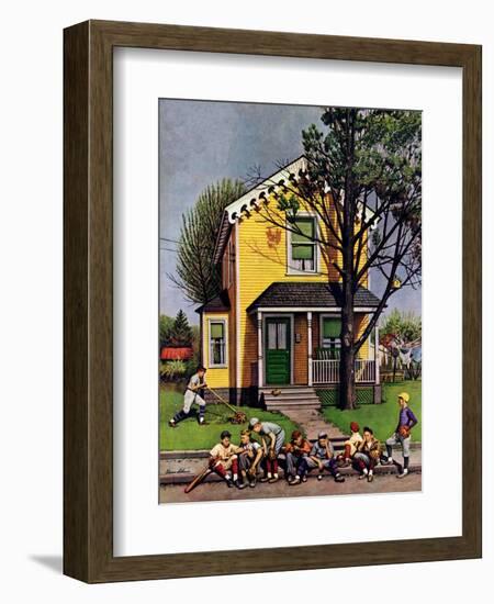 "Baseball Player Mowing the Lawn," July 20, 1946-Stevan Dohanos-Framed Giclee Print