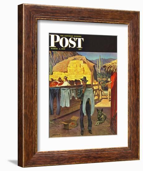 "Cowboy Hanging Out His Laundry," Saturday Evening Post Cover, March 1, 1947-John Falter-Framed Giclee Print