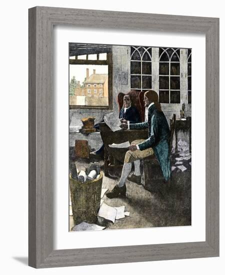 Thomas Jefferson Reading His Rough Draft of the Declaration of Independence to Ben Franklin, c.1776-null-Framed Giclee Print