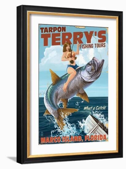 Marco Island, Florida - Pinup Girl Tarpon Fishing-Lantern Press-Framed Art Print