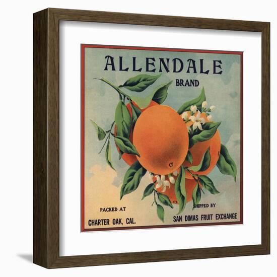 Allendale Brand - Charter Oak, California - Citrus Crate Label-Lantern Press-Framed Art Print