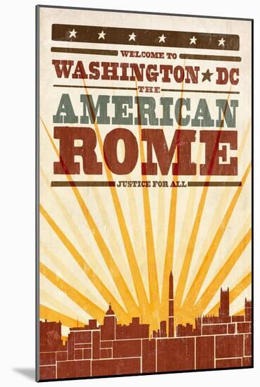 Washington, DC - Skyline and Sunburst Screenprint Style-Lantern Press-Mounted Art Print