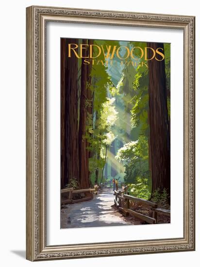 Redwoods State Park - Pathway in Trees-Lantern Press-Framed Art Print