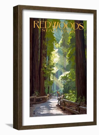 Redwoods State Park - Pathway in Trees-Lantern Press-Framed Art Print