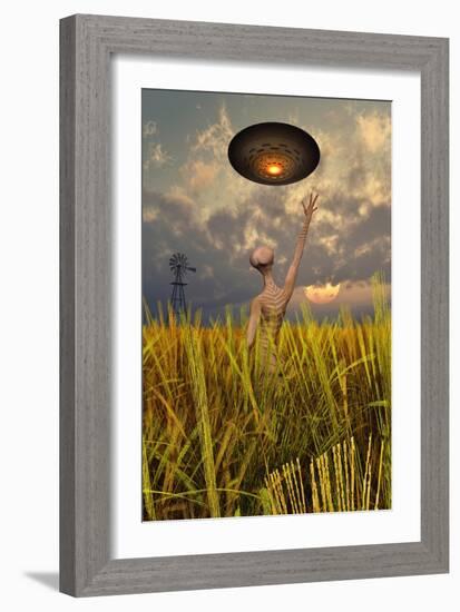 An Alien Being Directing a Ufo in Making Crop Circles-null-Framed Art Print