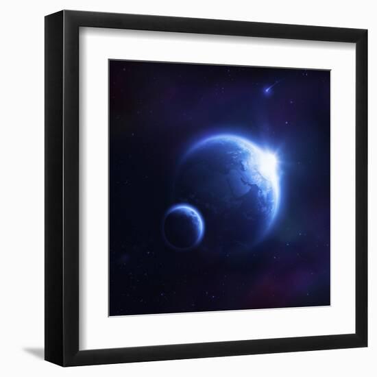 Earth and Moon in Outer Space with Rising Sun and Flying Meteorites-null-Framed Art Print