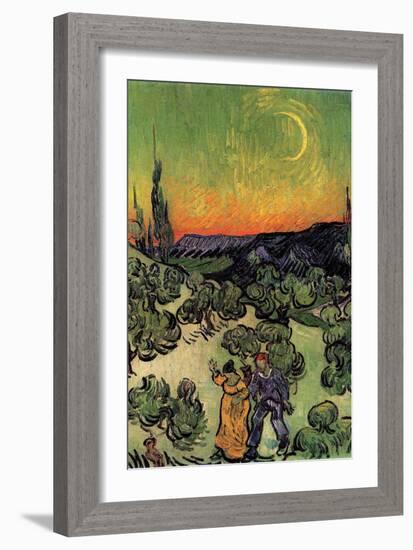 Landscape with Couple Walking and Crescent Moon-Vincent van Gogh-Framed Art Print