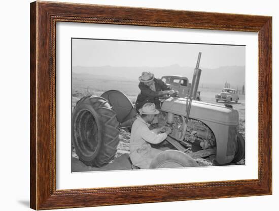 Tractor Repair: Driver Benji Iguchi, Mechanic Henry Hanawa, Manzanar Relocation Center, California-Ansel Adams-Framed Art Print