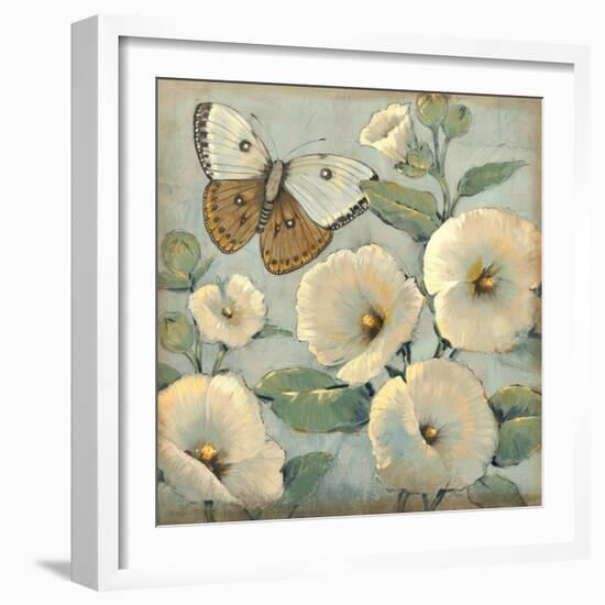 Butterfly and Hollyhocks II-Tim O'toole-Framed Art Print