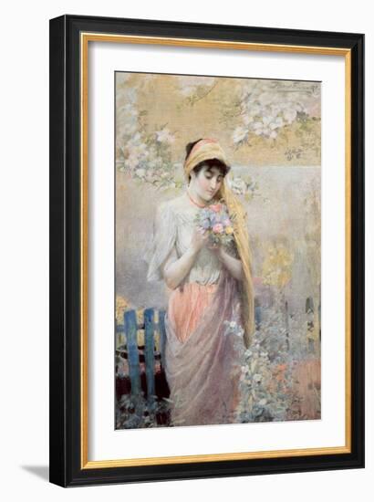 Study of a Girl with a Bouquet of Flowers in a Garden-Robert Fowler-Framed Giclee Print