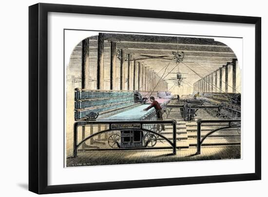 Mill Worker Tending Mule-Spinners, an Industrial Textile Machine, c.1800-null-Framed Giclee Print