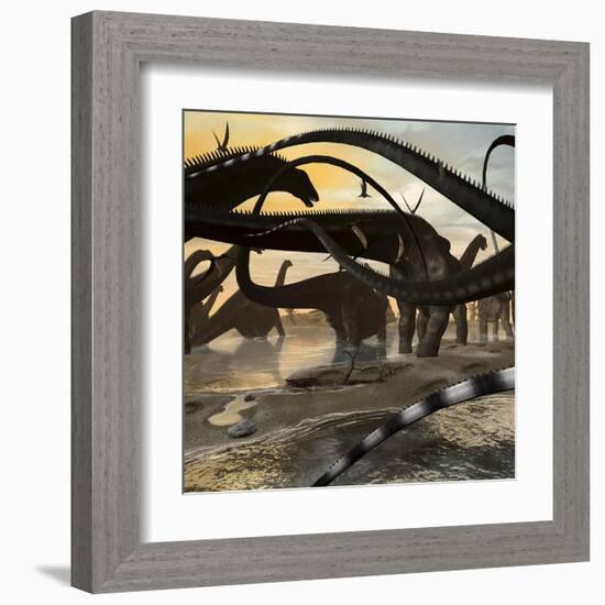 A Herd of Argentinosaurus Marching Along the Side of a Beach-Stocktrek Images-Framed Art Print