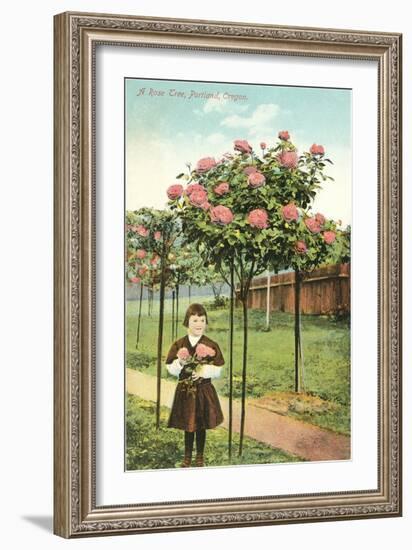 Girl Standing by Rose Trees, Portland, Oregon-null-Framed Art Print