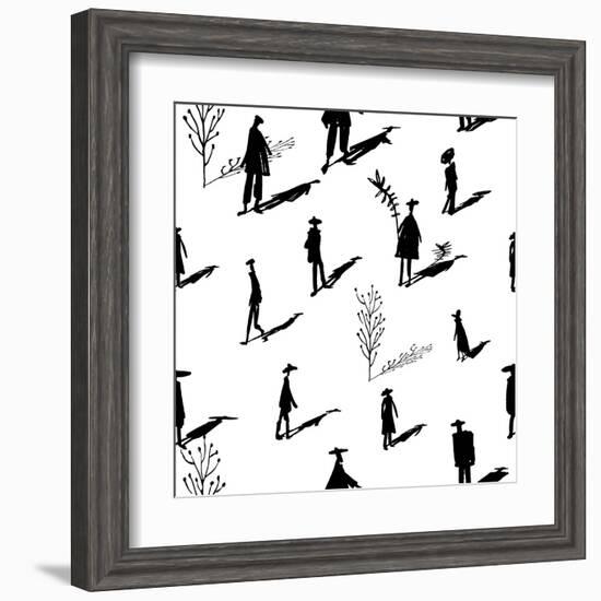 Seamless Pattern of Trees and People Silhouettes with Shadows Hand-Drawn Ink. Art Retro Background-Yurta-Framed Art Print