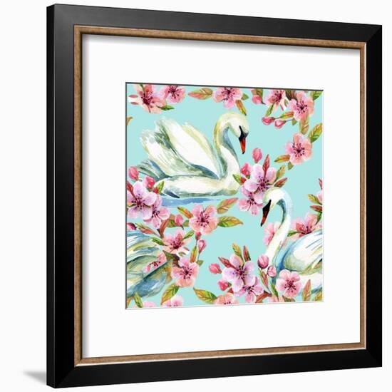 Watercolor Swan and Cherry Bloom-tanycya-Framed Art Print