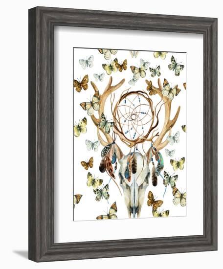 Animal Skull with Dreamcather and Butterfly-tanycya-Framed Art Print