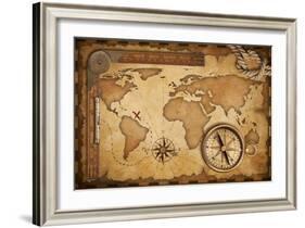 Aged Treasure Map, Ruler, Rope And Old Brass Compass Still Life-Andrey_Kuzmin-Framed Art Print