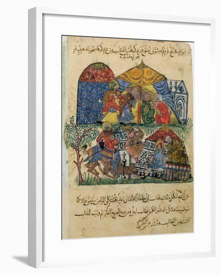 An Old Man and a Young Man in Front of the Tents of the Rich Pilgrims, from "The Maqamat"-null-Framed Giclee Print