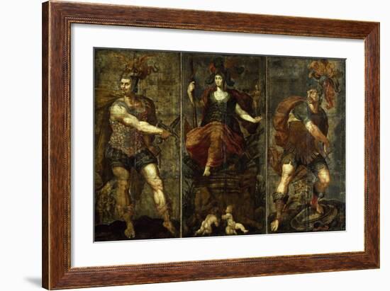 Roman Heroes, Rome Surrounded by Muzio Scaevola and Titus Manlius Torquatus, Leather Panel Painting-null-Framed Giclee Print