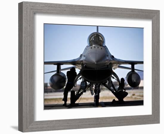 U.S. Air Force Crew Chiefs Do Pre-flight Checks Under An F-16 Fighting Falcon-Stocktrek Images-Framed Photographic Print