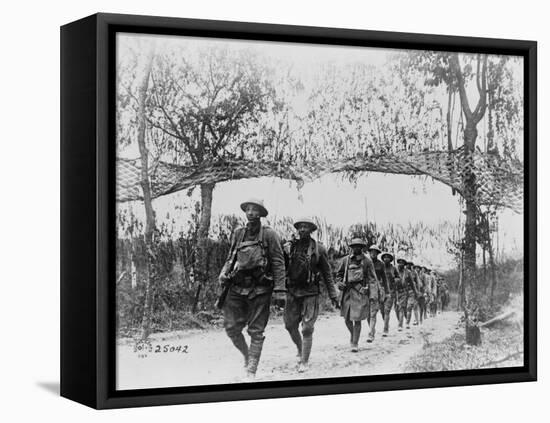 U.S. Army Infantry Troops Marching Northwest of Verdun, France, in World War I, 1918-null-Framed Stretched Canvas