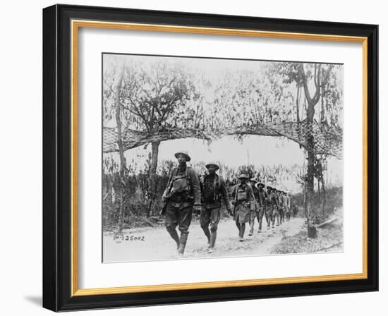 U.S. Army Infantry Troops Marching Northwest of Verdun, France, in World War I, 1918-null-Framed Photo