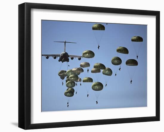 U.S. Army Paratroopers Jumping Out of a C-17 Globemaster III Aircraft-Stocktrek Images-Framed Photographic Print