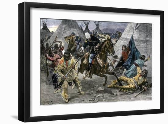 U.S. Cavalry Attacking a Sioux Indian Village, c.1800-null-Framed Giclee Print