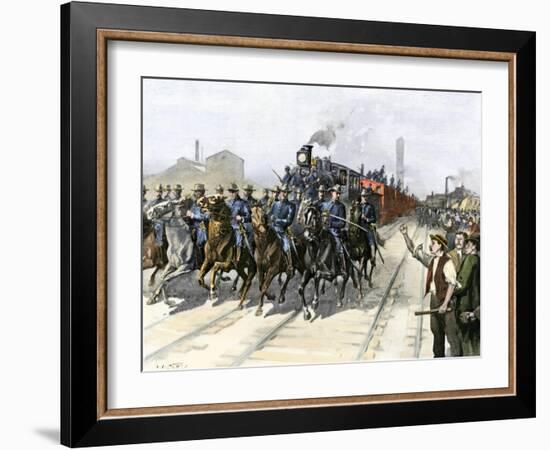 U.S. Cavalry Escorting a Meat Train from the Chicago Stockyards during the Pullman Strike, c.1894-null-Framed Giclee Print