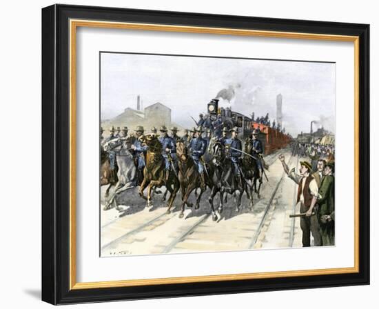 U.S. Cavalry Escorting a Meat Train from the Chicago Stockyards during the Pullman Strike, c.1894-null-Framed Giclee Print