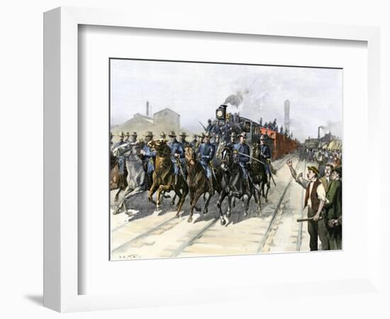 U.S. Cavalry Escorting a Meat Train from the Chicago Stockyards during the Pullman Strike, c.1894-null-Framed Giclee Print