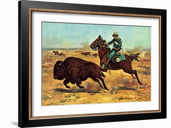 U.S. Cavalry Hunting Buffalo-Charles Shreyvogel-Framed Art Print