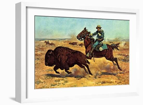 U.S. Cavalry Hunting Buffalo-Charles Shreyvogel-Framed Art Print