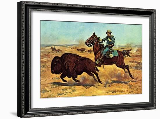 U.S. Cavalry Hunting Buffalo-Charles Shreyvogel-Framed Art Print