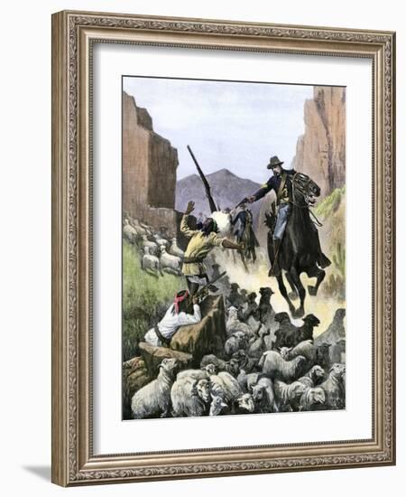 U.S. Cavalry Soldier Shooting Apache Sheep-Herders in a Canyon-null-Framed Giclee Print