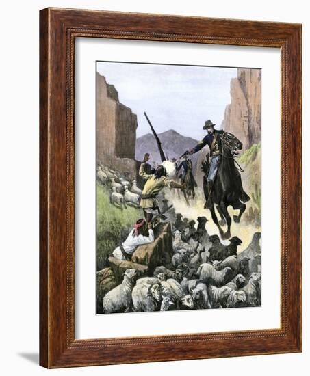 U.S. Cavalry Soldier Shooting Apache Sheep-Herders in a Canyon-null-Framed Giclee Print