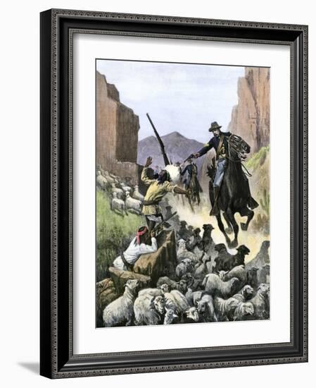 U.S. Cavalry Soldier Shooting Apache Sheep-Herders in a Canyon-null-Framed Giclee Print