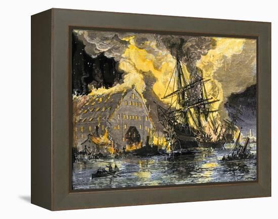 U.S. Frigate, Merrimac, on Fire during Confederate Burning of Gosport Navy Yard, Virginia, c.1862-null-Framed Premier Image Canvas