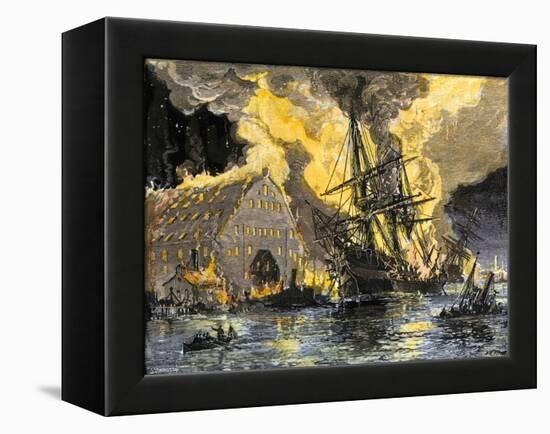 U.S. Frigate, Merrimac, on Fire during Confederate Burning of Gosport Navy Yard, Virginia, c.1862-null-Framed Premier Image Canvas