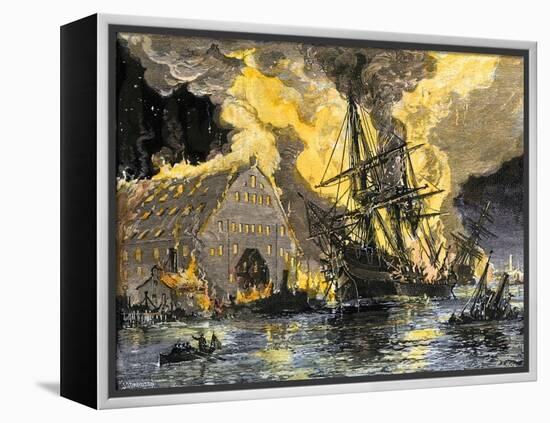 U.S. Frigate, Merrimac, on Fire during Confederate Burning of Gosport Navy Yard, Virginia, c.1862-null-Framed Premier Image Canvas