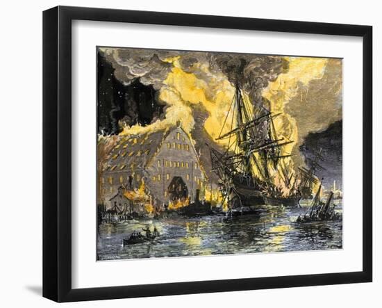 U.S. Frigate, Merrimac, on Fire during Confederate Burning of Gosport Navy Yard, Virginia, c.1862-null-Framed Giclee Print