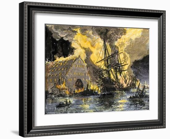 U.S. Frigate, Merrimac, on Fire during Confederate Burning of Gosport Navy Yard, Virginia, c.1862-null-Framed Giclee Print