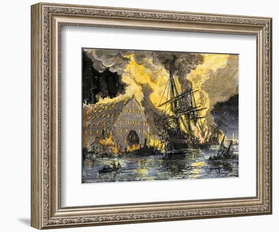 U.S. Frigate, Merrimac, on Fire during Confederate Burning of Gosport Navy Yard, Virginia, c.1862-null-Framed Giclee Print