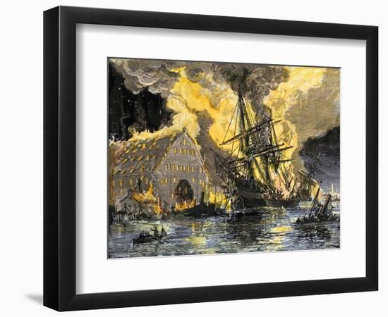 U.S. Frigate, Merrimac, on Fire during Confederate Burning of Gosport Navy Yard, Virginia, c.1862-null-Framed Giclee Print